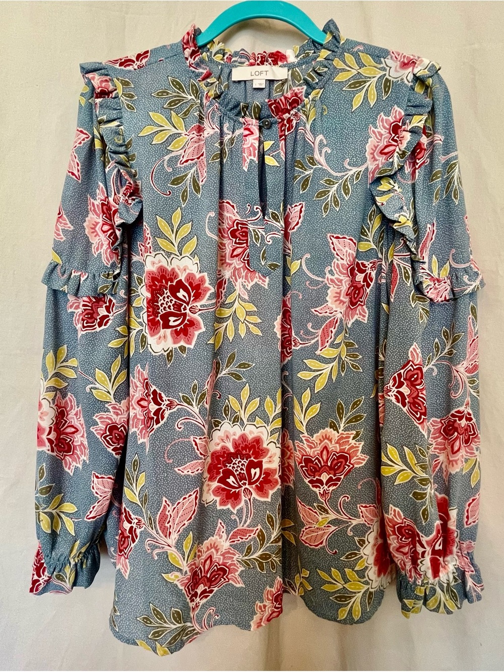 LOFT Blue Floral Ruffle-Neck Blouse - Picture 2 of 8